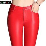 waist leather pants women PU leggings Red clothes 2022 winter warm slim skinny casual pencil pants female