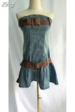 Strapless Above Knee Mini Ruffles Dress Slim Waist Belts Tube Off Shoulder Sleeveless Denim Women Pleated Skirts