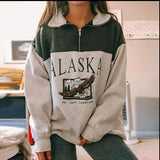 Women Sweatshirt Oversized Alaska Letter Fashion Vintage POLO Collar Casual Pullovers Long Sleeves Winter Hoodie Fleece