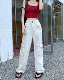 Women's Spring Summer Cargo Pants Elastic Waist Multiple Pockets Solid Vintage Fashion Tooling Style Straight Wide Leg