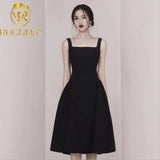 New Arrivals Summer Office Lady Sling Square Neck Retro temperament Backless Women Party Club A Line Midi Black