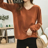 Autumn Basic Solid V-neck Knitting Pullover Ladies Elegant Fashion All-match Sweater Female Loose Casual Jumper Top