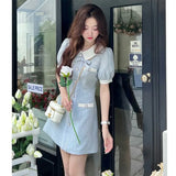 Vintage Sweet Dress Women Elegant Bow A Line Mini Dresses Office Lady Summer Korean High Waist Slim Casual Chic