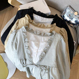 Aesthetic Patchwork Bow Tie Long Sleeve BlouseOutfit