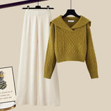 Winter Thick Knit Two Piece Sets Women Outfits Ladies Elegant Twist Knitted Sweater And Wide Leg Pant Sets Women