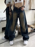 Street Vintage Blue Straight Jeans Men And Women Loose-Hanging Feel To Do Old Fashion Broad-Legged Drag Pants