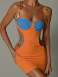 Metal Shell Patchwork Hollow Out Mini Dress Women Robe Elegant Spaghetti Strap Zipper Bodycon Party Dress