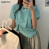 Women Summer Solid Pleated Design Tops O-neck Short Sleeve Loose All-match Korean Style Breathable Streetwear