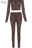 Fashion Hollow Tracksuit Two Piece Set Women Long Sleeve O-Neck Elastic Tops+Leggings Female Sporty Matching