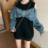 Spring Fake Two Pieces Sweatershirt Bowknot Demin Patchwork Hoodies Long Sleeve Strapless Women Top