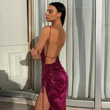 V-neck Sleeveless Long Split Formal Evening Party Dresses Elegant Ladies Backless Solid Shirring Cocktail Dresses Red