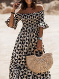 Pattern Print Women Summer Vacation Off Shoulder Dress Sexy Loose Hem Maxi Dress Retro Boho Ruffle Sleeve Long A-Line
