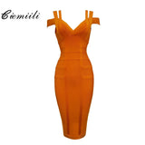2022 Spaghetti Strap Solid Women Bandage Dresses Hollow Out Sleeveless Mid-Calf V-Neck Night Club Party Fashion