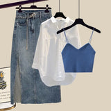 Outfits For Women 2023 Fashion Sling Vest+long Sleeve Sunscreen Shirt+side Split Denim Skirts Sets Korean 3 Piece