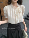 Xixi 2025 Summer New Thousand Gold Wind Bow Tie With Bottom Shirt Women's Long-Sleeved Top