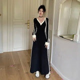 Striped V-neck Long-sleeved Dress Women Fall Clothes Vintage Robe Casual Loose Dresses Korean Fashion Vestidos De