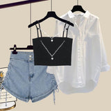 Women Streetwear Harajuku Y2k Outfits 3 PCS Sets Chain Vest+long Sleeve Sunscreen+wide Leg Hollow Out Denim Pant