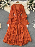 Chiffon Pleated Long Dress Women Vintage V-Neck Flare Sleeve Draped Ruffle Vestido Female Maxi Robe Spring