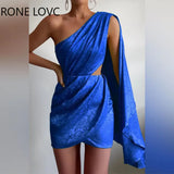 Women Solid Disty Floral Print Elegant One Shoulder Midriff Wrap Sexy Satin Party Formal