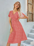 Printed Casual Beach Midi Dresses Women Summer V-neck Short Sleeve Empire Waist A-Line Dress Sundress Vestido Robes