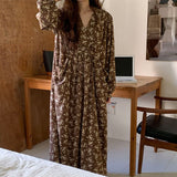 Korean Long Sleeve Chiffon Floral Dress Women Casual Femme V-neck Long Dresses Ladies New Arrival Vestidos Dress