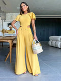 New Summer Solid Women Jumpsuit Sleeveless O-neck Naked Waist Wide Leg Long Pant Bodysuit Fashion Fit Casual