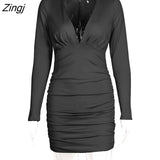 2021 Spring New Deep V Neck Ruched Dress Women Sexy Long Sleeve High Elastic Bodycon Party Clubwear Solid Vestidos