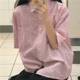 Plaid Shirt for Teenage Girls Summer New Harajuku Oversize Short Sleeve Checked Blouse Pink Button Up Cardigan