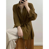 Korean Belt Lace Up Shirts Women Elegant Long Sleeve Bandage Loose Chic Blouses Office Lady Solid Simple All Match