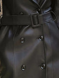 Autumn Black Waterproof Pu Leather Trench Coat for Women Long Sleeve Belt Double Breasted Autumn Designer