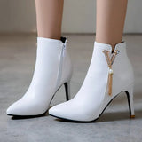 Autumn Women Chain Ankle Boots Sexy Thin High Heel Booties Pointed Toe Zipper Woman Boots Shoes Black White