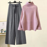 Two Piece Sets Women Winter Korean Casual Turtleneck Knitted Sweater And Wide Leg Knitting Pants Suits Women Homewear