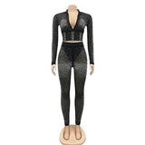 Sexy Black Diamond Crystal Pant Set Women Long Sleeve Zipper Top And See Through Pants Suit Party Club Matching