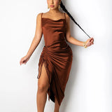 Satin Elegant Drawstring Midi Dress Women Sexy Strap High Split Skinny Dresses Summer Green Solid Backless