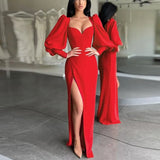 Women's Dress Elegant Tunics Pull Sleeve High Split Evening Party Dresses Y2K Tight Long Maxi Formal Vestidos Red Black