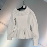 2022 Autumn Winter Long Sleeve Slash Neck Slim Waist Ruffles Knitted Pullovers Women Sweater