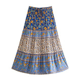 Queens Floral Print Beach Bohemian Skirt Ladies High Elastic Waist Rayon A-Line Boho Maxi Skirts
