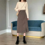 High Elastic Waist Long Skirt Women Y2k Vintage Plaid Split Midi A-Line Skirts Korean 2022 Autumn Winter Wool