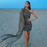 2023 Asymmetric Short Dresses For Women Fringed Off Shoulder Mini Dress Woman Ruched Sleeveless Sexy Summer Party