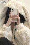 Lamb Wool Women Loose Fleece Winter Hooded Sudaderas Mujer Solid Kawaii Rabbit Ear Thick Coats Y2k Sweatshirts