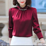 Autumn Office Lady Ruffles Stand Collar Satin Shirt Top Women Elegant Beading Blusa Oversized All-match Pullover