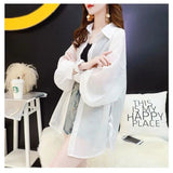 Summer Chiffon Transparent Blouse Puff Long Sleeve Oversize Office White Purple Button Up Shirt Korean Fashion