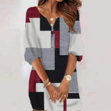 Half Sleeve Print Pullover Shirt Dresses Ladies Casual Commute Mini Dress Elegant Women Zipper-up V Neck Party
