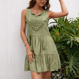 Queens Women Solid Sleeveless Beach Tassel Bohemian Mini Dresses Ladies Polo Neck Loose Boho Dress
