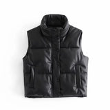Streetwear Women Puffy Vest Winter Thick Parkas Jacket Black PU Female Coats Faux Leather Down Waistcoat Loose Lady