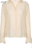 White Folds Cute Y2K Shirts Women Elegant Fashion Flared Sleeve Button Tops See Through Sexy Mesh Girl Tees Korean