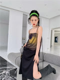 Tulip Gradient Print Backless Slip Dresses For Women 2022 High Fashion Runway Long Side Split A Line Midi