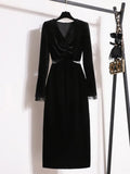Winter French Vintage Hepburn Velvet Dresses Ladies Elegant Hollow Out Lace Patchwork Sexy Evening Party Dresses