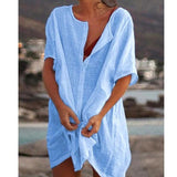 Women Buttons Office Lady Beach T-Shirts Oversized Loose Round Neck Solid Half Sleeve Summer Casual Blouse