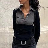 Stripe Splice Polo Neck Long Sleeve BlouseOutfit